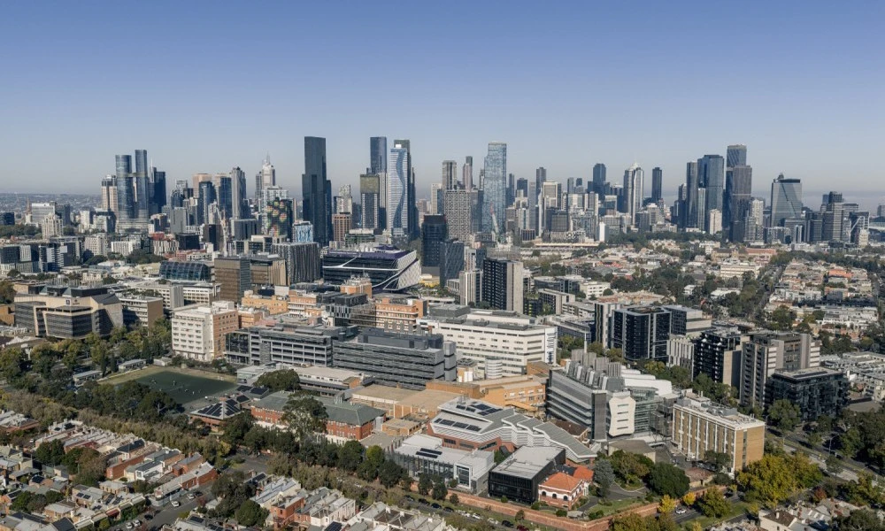 Parkville precinct and Melbourne skyline from drone 2026